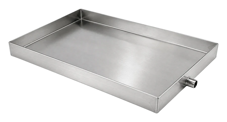 Stainless steel drip tray with turned-up edges and a drain spigot (illustration)